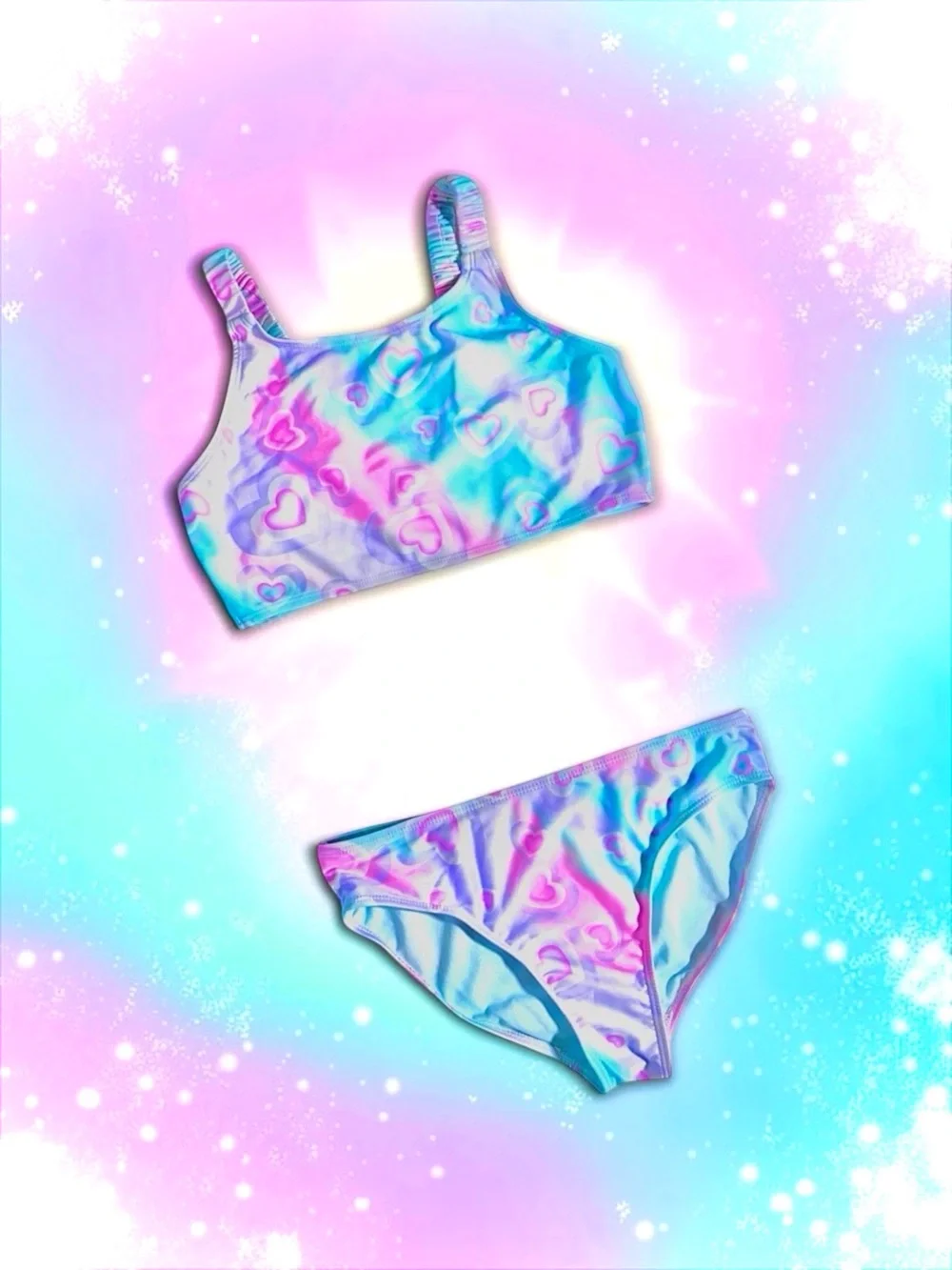 Wonder Nation Girls Heart‑Print Swimsuit Pastel Ombré 2‑Piece L 10–12 EUC